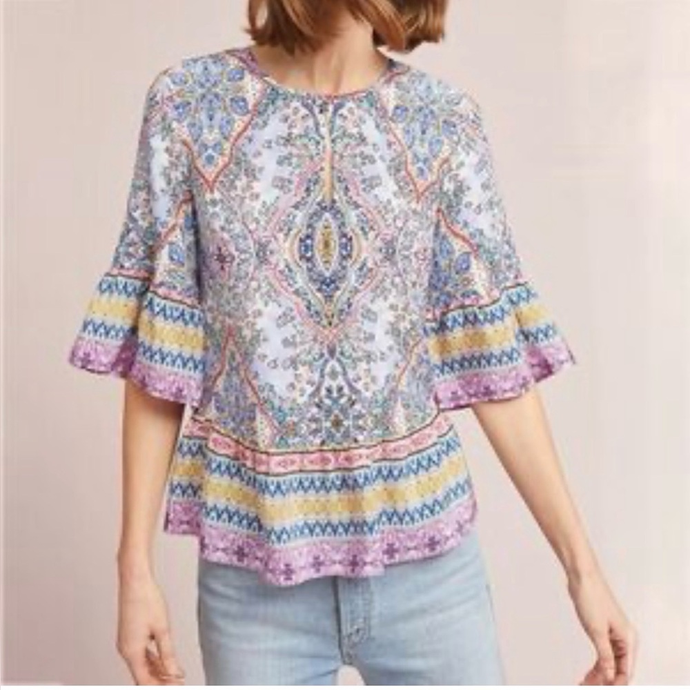 Kachel Lynn Bell-Sleeve Silk Blouse, Size 8, Color Floral Multi